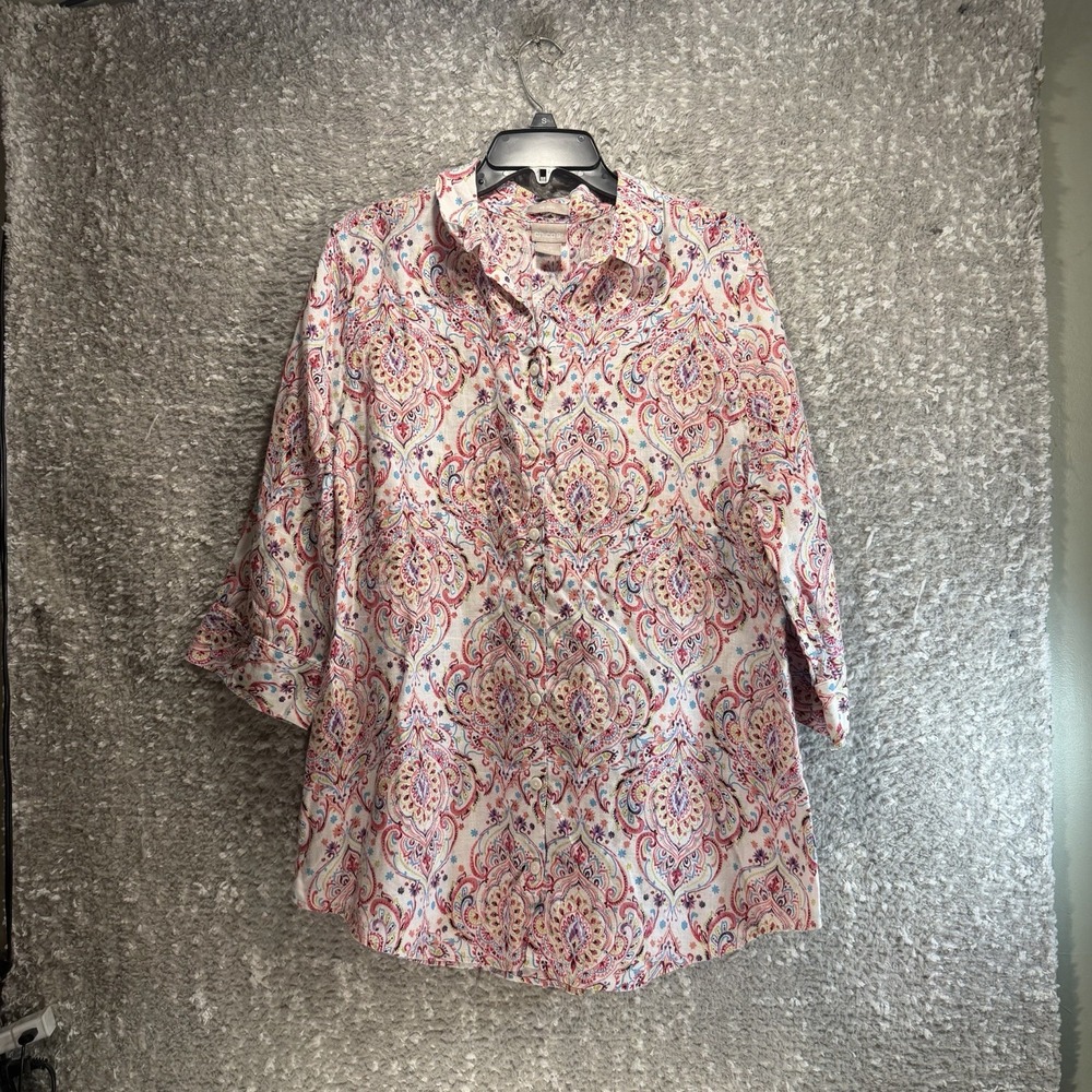 Chicos Tunic Shirt Linen Button Up No Iron 2, 12, 14, L Paisley Coastal Preppy